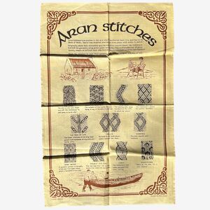 vtg Aran Stitches yellow linen blend tea towel knitting stitches